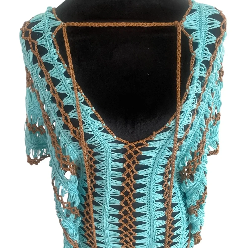 Crochet Tunic,coverup,Turquoise,brown dress,Bohemian,Swim,M/L,New - Picture 10 of 12